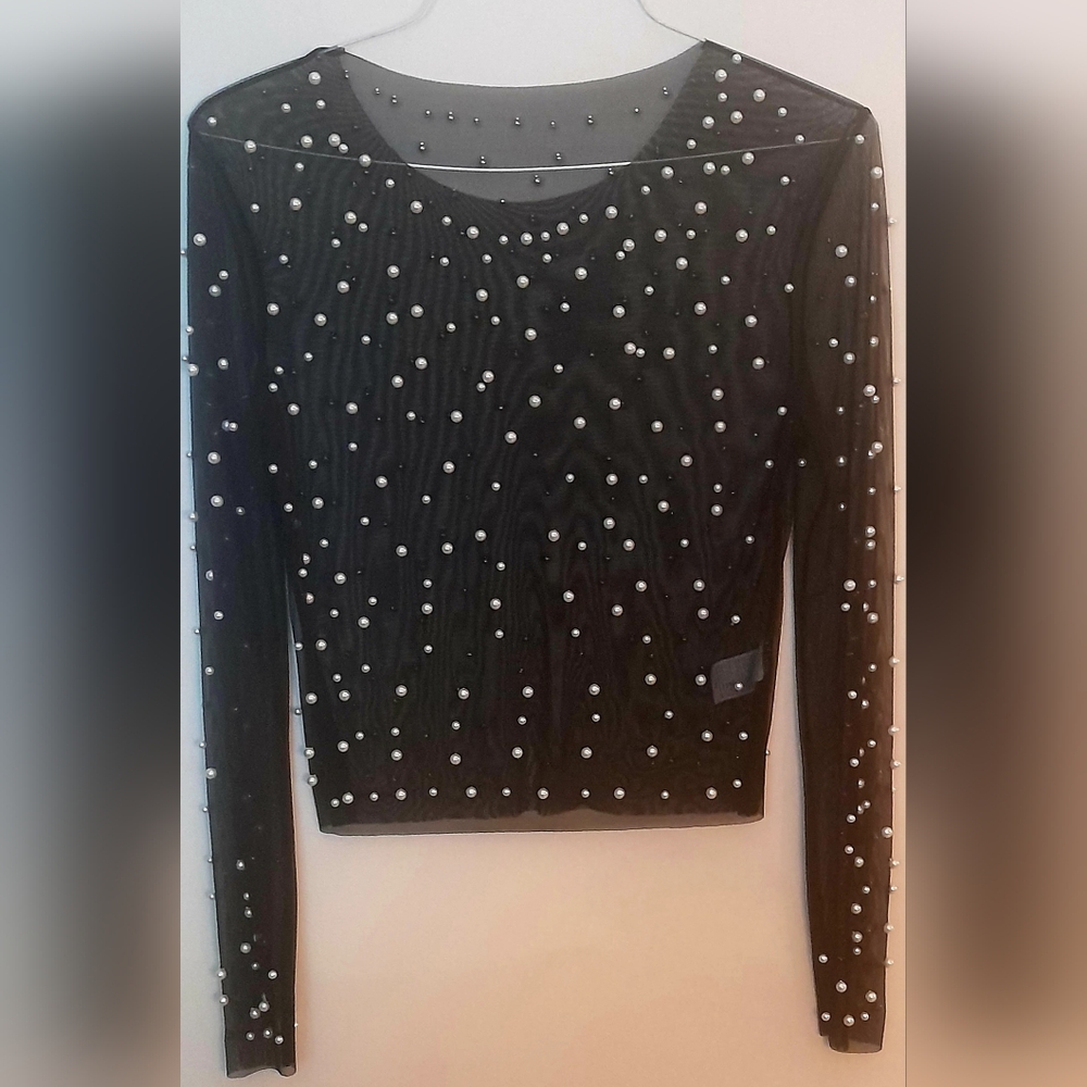 Chic Black Sheer Pearl-Adorned Long Sleeve Top